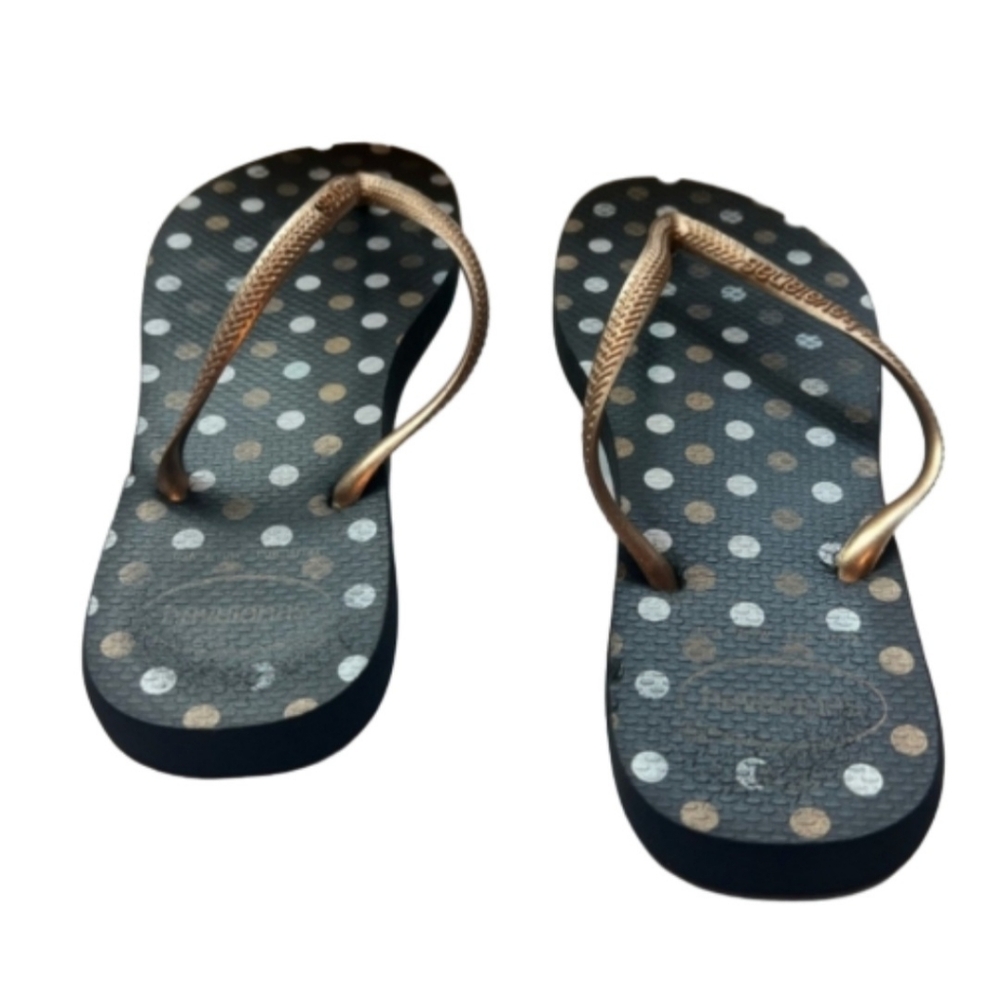 Havaianas Flip Flops Size 8.5 Bronze Upper With Black Sole. Polka-dot Detailing. - Picture 3 of 5